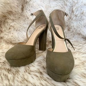 Sage / olive green sky high faux suede platform pumps